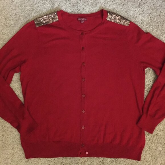 Merona Red with Gold Sequin Shoulders Button Down Cardigan - Picture 10 of 14
